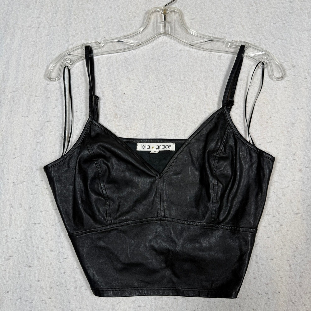 Lola Grace Black Faux Leather Crop Top Camisole V-Neck Adjustable Straps Size M